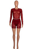 Wine Red Women Sexy Lace Casual Shorts Mesh Top Two-Pieces Q908-1
