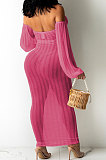 Rose Red Sexy Mesh Pure Color Mid Waist Long Sleeve Halter Neck Long Dress YF9107-5