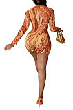 Orange Yellow Euramerican Women Autumn Wave Printing Tight Sexy Long Sleeve Mini Dress Q927-3