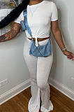 Grey Round Neck Short Sleeve Micro Flared Pants Pure Color Casual Sets E8608-3