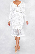 White Euramerican Women Sexy Small V Neck Long Sleeve Lace Fishtail Skirt's Hemline Perspective Mini Dress Q920-1