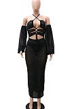Black Sexy Mesh Pure Color Mid Waist Long Sleeve Halter Neck Long Dress YF9107-1
