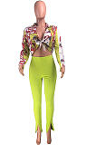 Neon Yellow Summer Print Lapel Neck Short Sleeve Shirt Slit Long Pants Two Piece YMT6217-2
