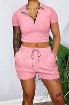 Pink Pure Color Turn-Down Collar Zipper Short Sleeve Crop Top Shorts Two Piece YX9285-5