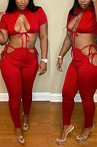 Red Night Club Round Neck Hollow Out Short Sleeve Dew Waist Long Pants Two Piece L0354-2