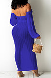 Blue Sexy Mesh Pure Color Mid Waist Long Sleeve Halter Neck Long Dress YF9107-4