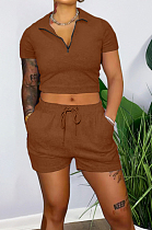Light Coffee Pure Color Turn-Down Collar Zipper Short Sleeve Crop Top Shorts Two Piece YX9285-6