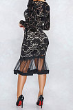 Black Euramerican Women Sexy Small V Neck Long Sleeve Lace Fishtail Skirt's Hemline Perspective Mini Dress Q920-2