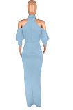 Light Blue Night Club High Collar Off Shoulder Puff Sleeve Side Slit Dress LMM6203-2