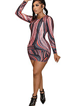 Black Euramerican Women Autumn Wave Printing Tight Sexy Long Sleeve Mini Dress Q927-2