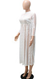 White Pure Color Lace Mesh Spaghetti High Waist Long Sleeve Midi Dress YF9127-1