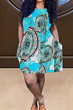 Lake Green Positioning Print Cute Round Neck Sleeveless Loose Dress F88374-5
