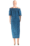 Light Blue Leopard Print A Word Shoulder Loose Condole Belt Dress YMT6221-1