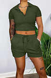 Grey Pure Color Turn-Down Collar Zipper Short Sleeve Crop Top Shorts Two Piece YX9285-1