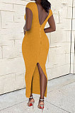Yellow Women Sexy Pure Color V Neck Back Zipper Split Long Dress XT8897-2