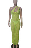 Light Green Hollow Out Sexy Mesh One Shoulder Long Dress Sets With Underwear XT8898-1