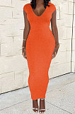 Black Women Sexy Pure Color V Neck Back Zipper Split Long Dress XT8897-3