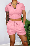 Red Pure Color Turn-Down Collar Zipper Short Sleeve Crop Top Shorts Two Piece YX9285-4