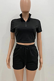 Black Pure Color Turn-Down Collar Zipper Short Sleeve Crop Top Shorts Two Piece YX9285-2