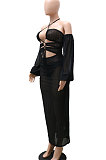 Black Sexy Mesh Pure Color Mid Waist Long Sleeve Halter Neck Long Dress YF9107-1
