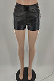 Black Casual Solid Color Leather Shorts BLE2506-1