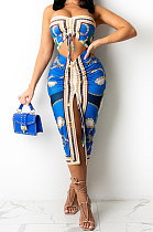 Blue Women Sleeveless Strapless Printing Shirred Detail Split Backless Skirts Sets YF9129-1