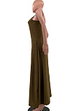 Coffee Pure Color Condole Belt V Neck Loose Long Dress With A Pocket OH8075-3