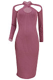 Pink Euramerican Women Sexy Trendy Off Shoulder Solid Color Ribber Long Sleeve Midi Dress FFE026 -1