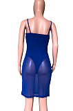 Blue Mesh Perspective Spliced Condole Belt Midi Dress ZQ9212-1