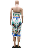Blue Women Sleeveless Strapless Printing Shirred Detail Split Backless Skirts Sets YF9129-1