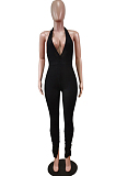 Black Pure Color Halter Neck Deep V Collar Backless Slim Fitting Bodycon Jumpsuits WY6832-3
