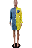 Yellow Lapel Neck Jean Spliced Long Sleeve Casual Shirt Dress WY6831-2