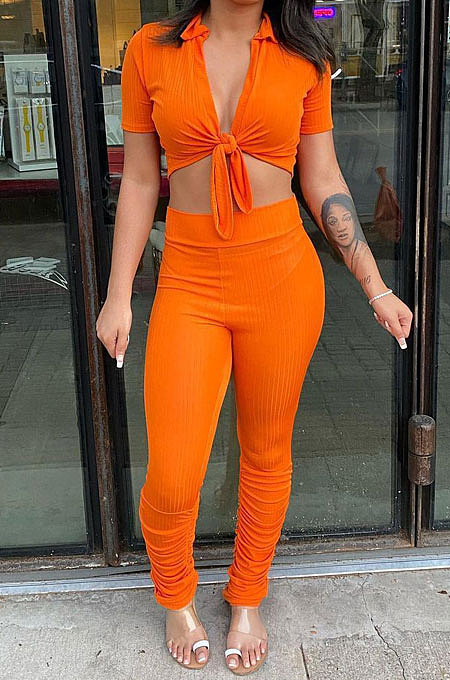 Orange Women Fashion Ribber Deep V Neck Tied Short Sleeve Blouse Pants Sets FFE168-1