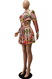 Pink Print Lapel Neck Button Long Sleeve Shirt Mid Waist Pleated Skirts Sets CM2149-1