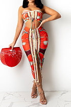 Red Women Sleeveless Strapless Printing Shirred Detail Split Backless Skirts Sets YF9129-2