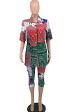 Red Casual Print Loose Shirts Half Pants Two Piece OH8063