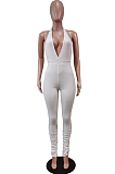 White Pure Color Halter Neck Deep V Collar Backless Slim Fitting Bodycon Jumpsuits WY6832-1