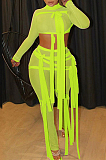 Neon Green Half Turtle Neck Dew Abdominal Knotted Mesh Long Sleeve Long Pants Sets SZS9083-4