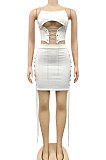 White Solid Color Fashion Women Condole Belt Chain Spliced Hollow Out Skirts Sets MY9946-1