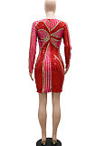 Red Mid Waist Strapless Sequins Long Sleeve Tight Mini Dress YF9148-1