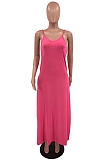 Rose Red Pure Color Condole Belt V Neck Loose Long Dress With A Pocket OH8075-1