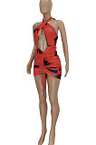 Rose Red Women Trendy Printing Cross Halter Neck Crop Mini Dress FFE166-3