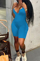 Blue Solid Color Summer Notched Neck Sleeveless Tight Tank Jumpsuits OH8076-3