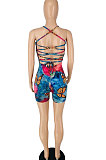Blue Pink Sexy Butterfly Printing Strapless Sleeveless Tied Romper Shorts BYL9007