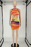 Orange Women Trendy Irregularity Printing Dew Waist Sexy Mini Dress NL6087-1