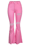 Pink Mid Waist Cotton High Elastic Hole Jean Long Pants MD159-4