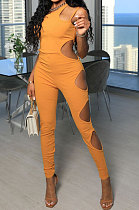 Yellow Women Pure Color Hollow Out One Shoulder Sleeveless Bodycon Jumpsuits FFE167