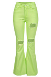 Green Mid Waist Cotton High Elastic Hole Jean Long Pants MD159-5