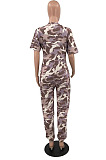 Camouflage Casual V Neck Short Sleeve Wide Leg Jumpsuits OH8080