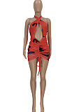 Violet Women Trendy Printing Cross Halter Neck Crop Mini Dress FFE166-2
